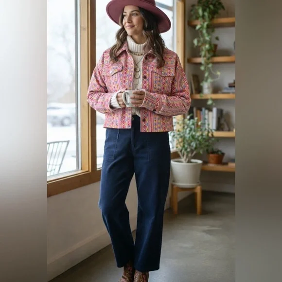 NEW Savanna Jane Jacket Womens Medium Aztec Corduroy Rhinestone Fringe Western - Picture 1 of 5